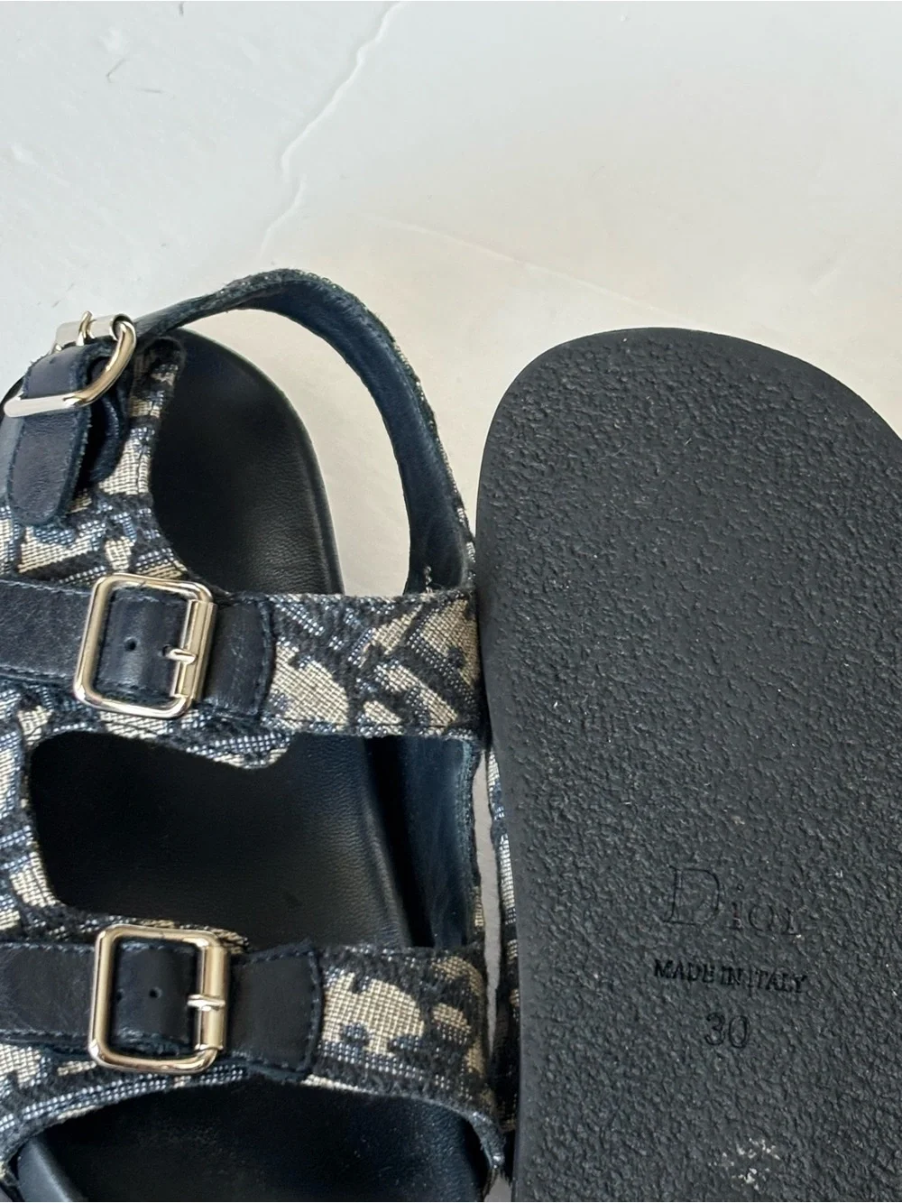 Dior Kids Dark Blue and Beige Logo Buckle Sandals